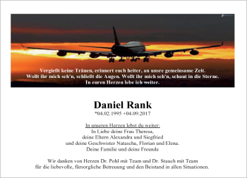 Traueranzeige von Daniel Rank von Frankenpost