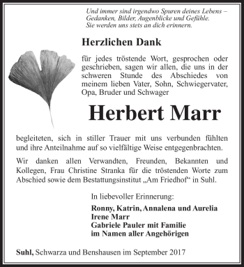 Traueranzeige von Herbert Marr von Südthüringer Presse