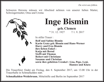Traueranzeige von Inge Bismin von Südthüringer Presse