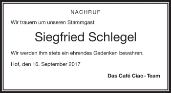 Traueranzeige von Siegfried Schlegel von Frankenpost