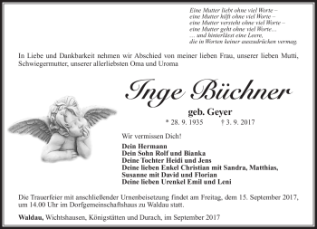 Traueranzeige von Inge Büchner von Südthüringer Presse