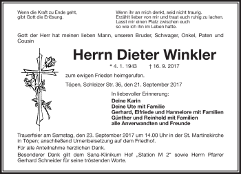 Traueranzeige von Dieter Winkler von Frankenpost