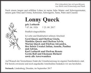 Traueranzeige von Lonny Queck von Südthüringer Presse