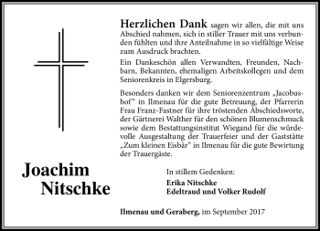 Traueranzeige von Joachim Nitschke von Südthüringer Presse