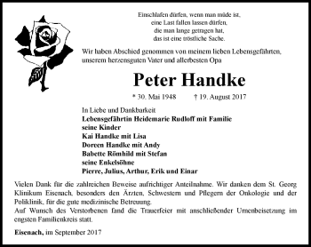 Traueranzeige von Peter Handke von Südthüringer Presse