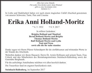 Traueranzeige von Erika Anni Holland-Moritz von Südthüringer Presse