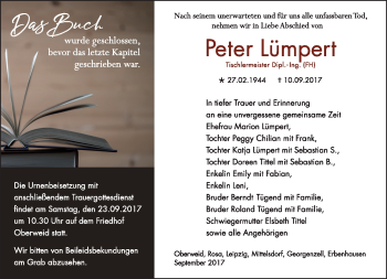 Traueranzeige von Peter Lümpert von Südthüringer Presse