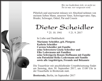 Traueranzeige von Dieter Scheidler von Südthüringer Presse