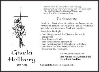 Traueranzeige von Gisela Hellberg von Südthüringer Presse
