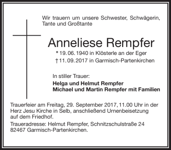 Traueranzeige von Anneliese Rempfer von Frankenpost