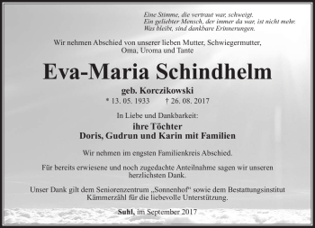 Traueranzeige von Eva-Maria Schindhelm von Südthüringer Presse