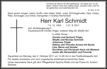 Traueranzeige von Karl Schmidt von Frankenpost