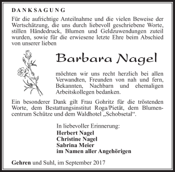 Traueranzeige von Barbara Nagel von Südthüringer Presse