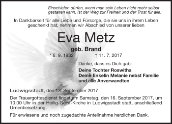 Traueranzeige von Eva Metz von Neue Presse Coburg