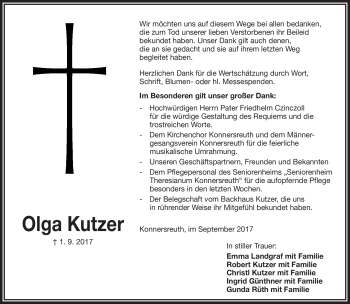 Traueranzeige von Olga Kutzer von Frankenpost