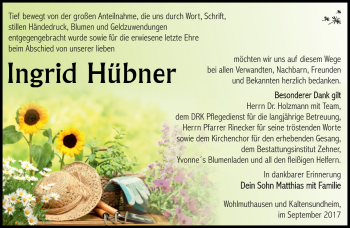 Traueranzeige von Ingrid Hübner von Südthüringer Presse