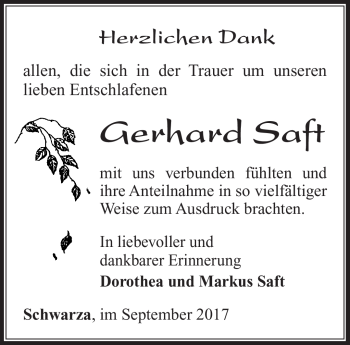 Traueranzeige von Gerhard Saft von Südthüringer Presse