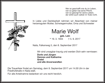 Traueranzeige von Marie Wolf von Frankenpost