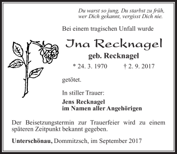 Traueranzeige von Ina Recknagel von Südthüringer Presse