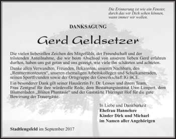 Traueranzeige von Gerd Geldsetzer von Südthüringer Presse