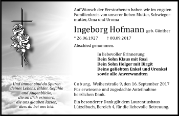 Traueranzeige von Ingeborg Hofmann von Neue Presse Coburg
