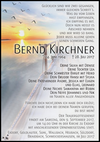 Traueranzeige von Bernd Kirchner von Südthüringer Presse