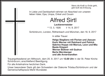 Traueranzeige von Alfred Sirtl von Frankenpost