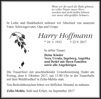 Traueranzeige von Harry Hoffmann von Südthüringer Presse