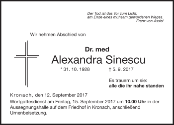 Traueranzeige von Alexandra Sinescu von Neue Presse Coburg
