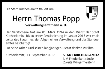 Traueranzeige von Thomas Popp von Frankenpost