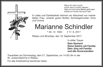 Traueranzeige von Marianne Schindler von Frankenpost