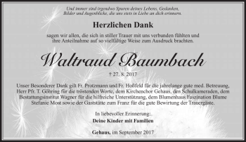 Traueranzeige von Waltraud Baumbach von Südthüringer Presse
