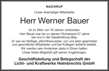 Traueranzeige von Werner Bauer von Frankenpost
