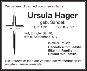 Traueranzeige von Ursula Hager von Frankenpost