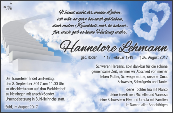 Traueranzeige von Hannelore Lehmann von Südthüringer Presse