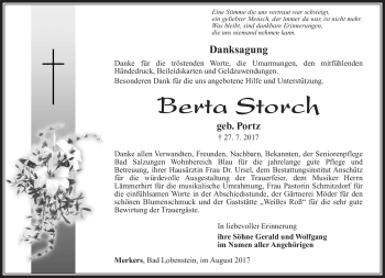 Traueranzeige von Berta Storch von Südthüringer Presse