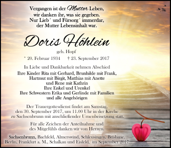 Traueranzeige von Doris Höhlein von Südthüringer Presse