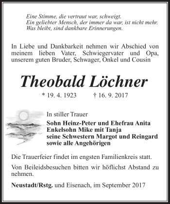 Traueranzeige von Theobald Löchner von Südthüringer Presse