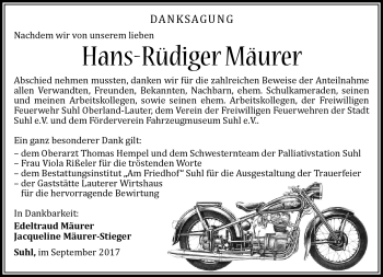 Traueranzeige von Hans-Rüdiger Mäurer von Südthüringer Presse