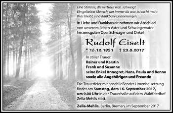 Traueranzeige von Rudolf Eiselt von Südthüringer Presse