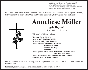 Traueranzeige von Anneliese Möller von Südthüringer Presse