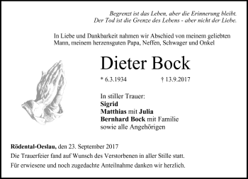 Traueranzeige von Dieter Bock von Neue Presse Coburg