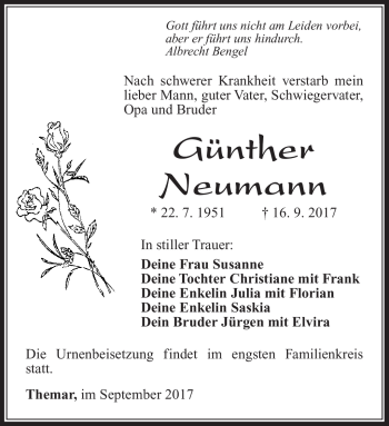 Traueranzeige von Günther Neumann von Südthüringer Presse