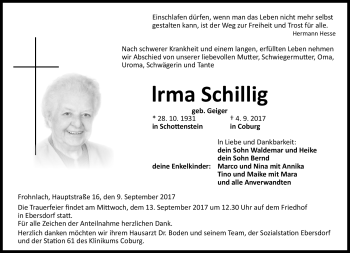 Traueranzeige von Irma Schillig von Neue Presse Coburg