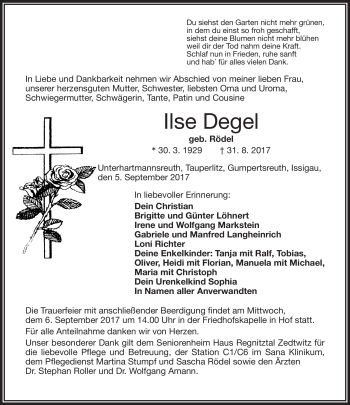 Traueranzeige von Ilse Degel von Frankenpost