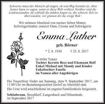 Traueranzeige von Emma Luther von Südthüringer Presse