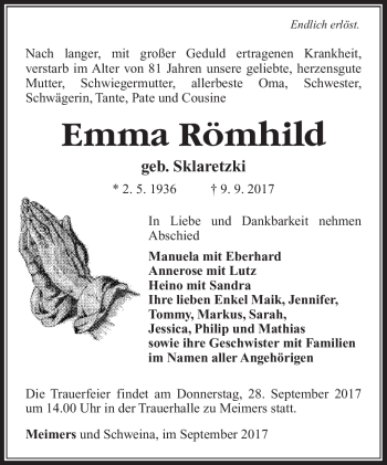 Traueranzeige von Emma Römhild von Südthüringer Presse