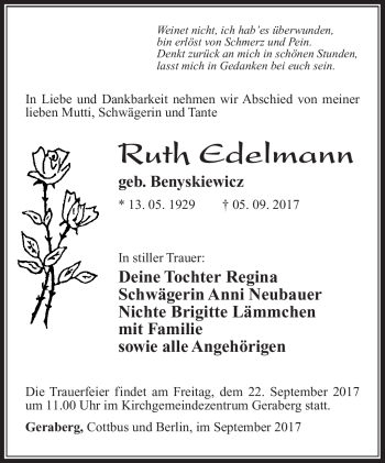 Traueranzeige von Ruth Edelmann von Südthüringer Presse