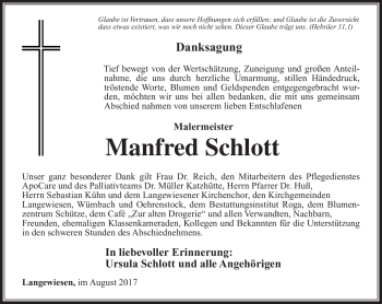Traueranzeige von Manfred Schlott von Südthüringer Presse