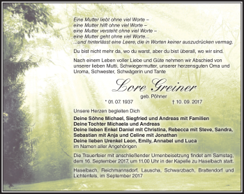 Traueranzeige von Lore Greiner von Südthüringer Presse